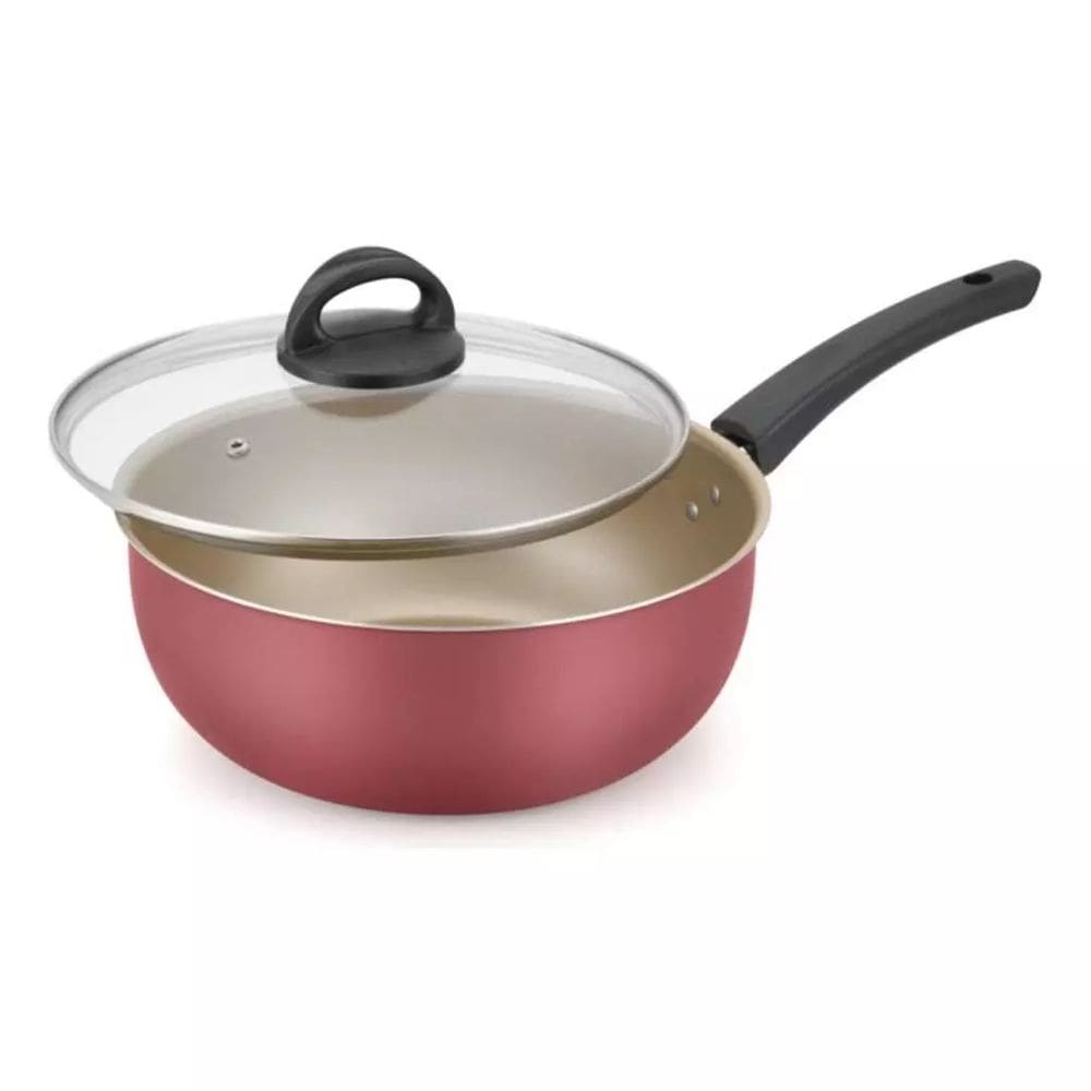 Panela Frigideira Wok Funda Antiaderente / Teflon Cereja com Bege 24cm Cabo Longo com de Tampa Vidro