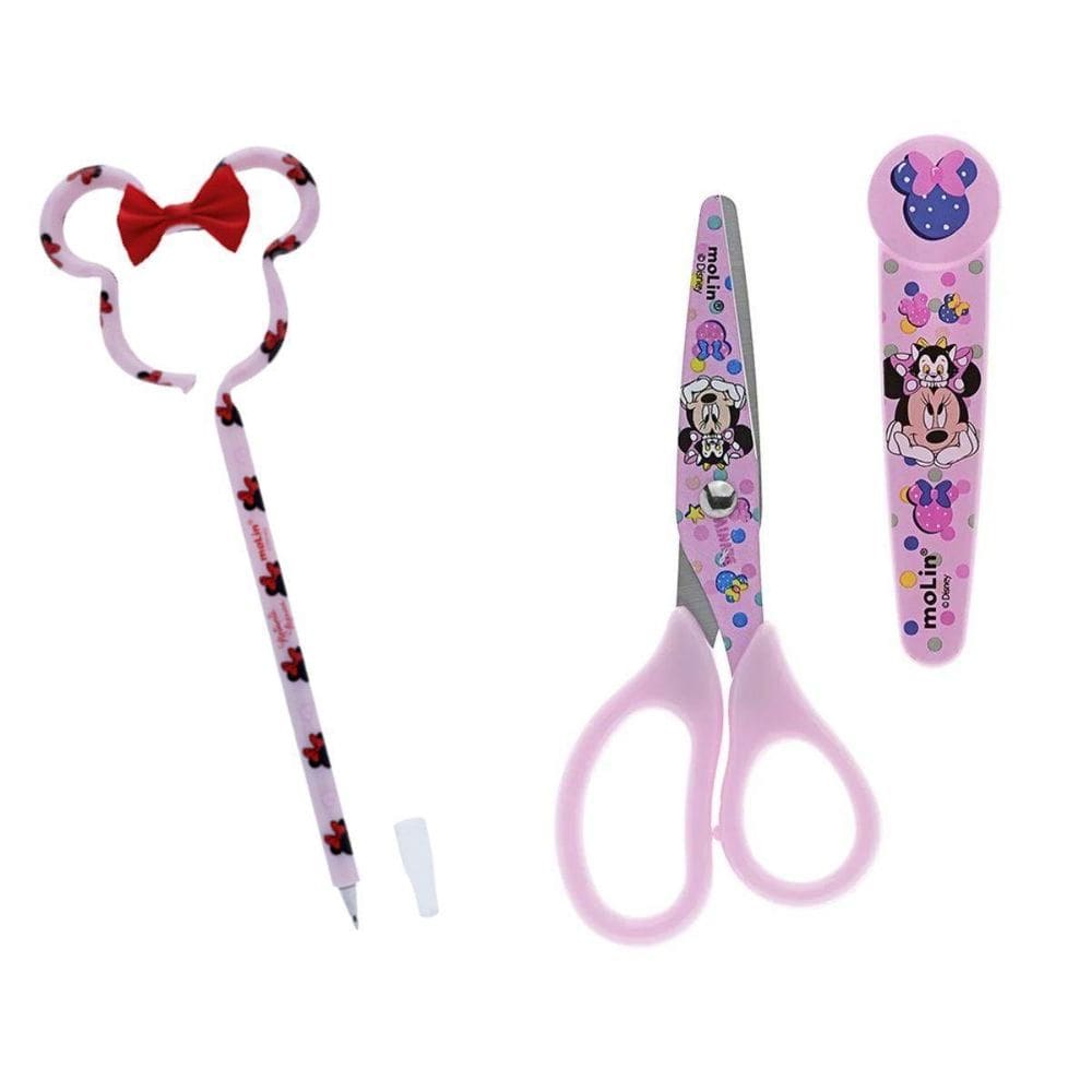 Kit Escolar Tesoura Com Protetor + Caneta Face Minnie Mouse