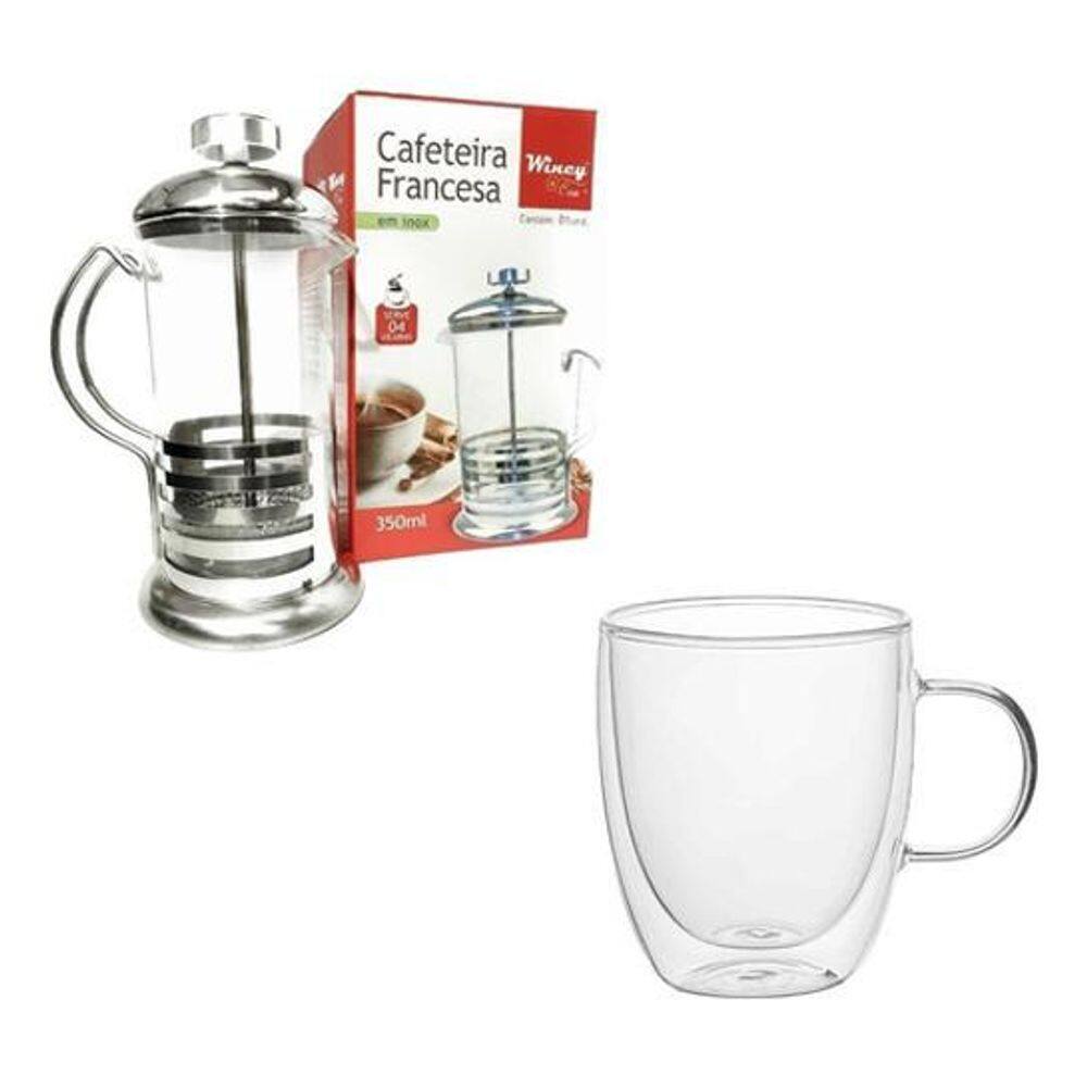 Kit Cafeteira Francesa Prensa + Caneca Vidro 350ml