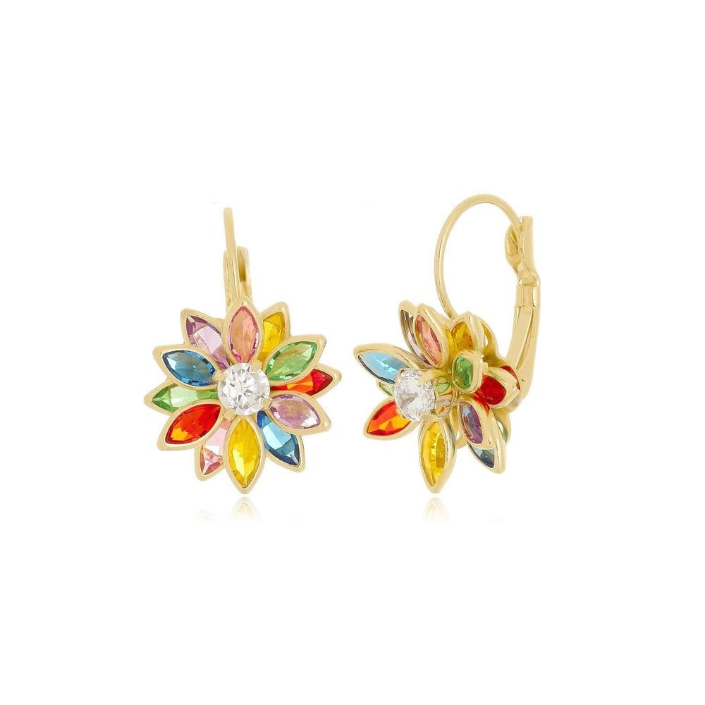 Brinco Flor Colorida Gancho Banhado A Ouro 18K
