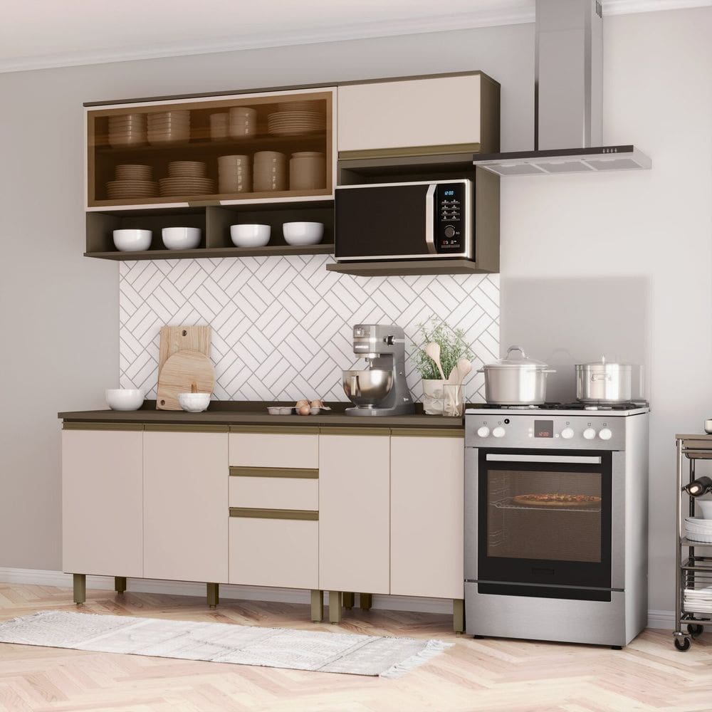 Cozinha Completa 4 Peças 100% Mdf com Tampo Connect Bege/Marrom
