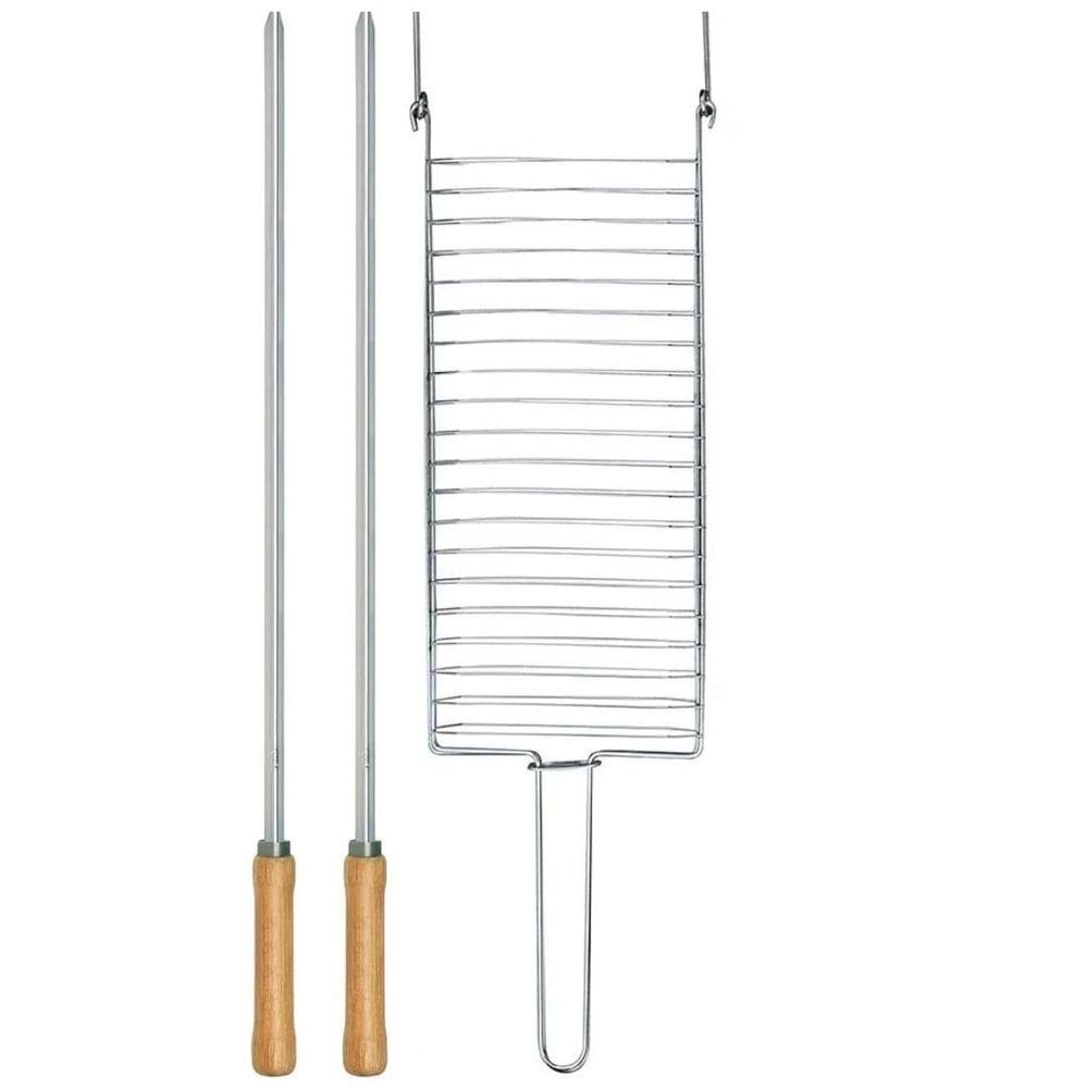 Kit Preparo Churrasco 3Pcs Churrasqueira Grelha Espetos 55Cm