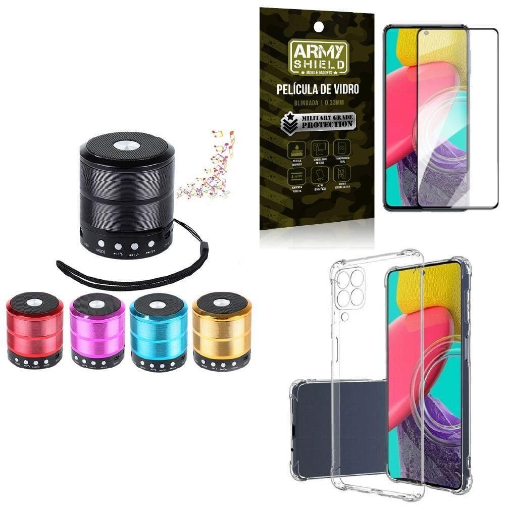 Kit Capa Samsung M53 5G + Mini Som Bluetooth + Película 3D