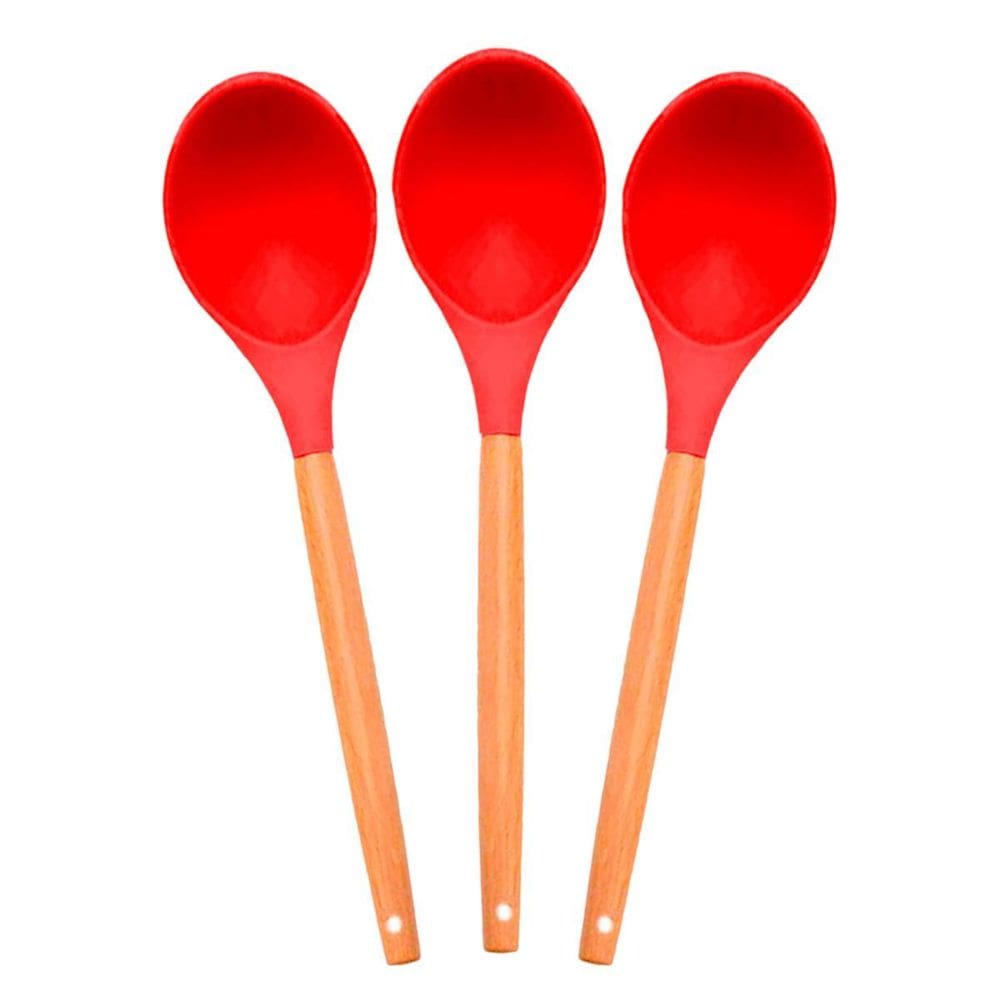 Kit 3 Colher De Silicone Com Cabo De Madeira 32 Cm Vermelha-