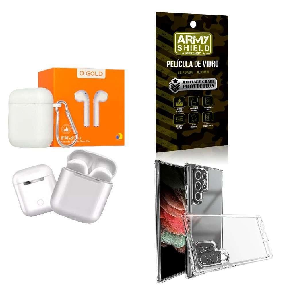 Kit Fone Sem Fio + Capinha Samsung S22 Ultra + Película 3D