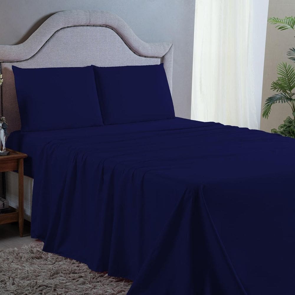 Jogo de Cama Casal 4 pç Premium 400 Fios Azul Marinho