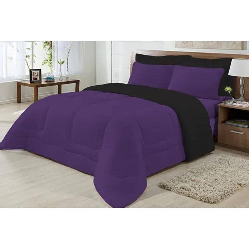 Edredom Casal Malha 100% Alg Antialérgico Preto/Roxo
