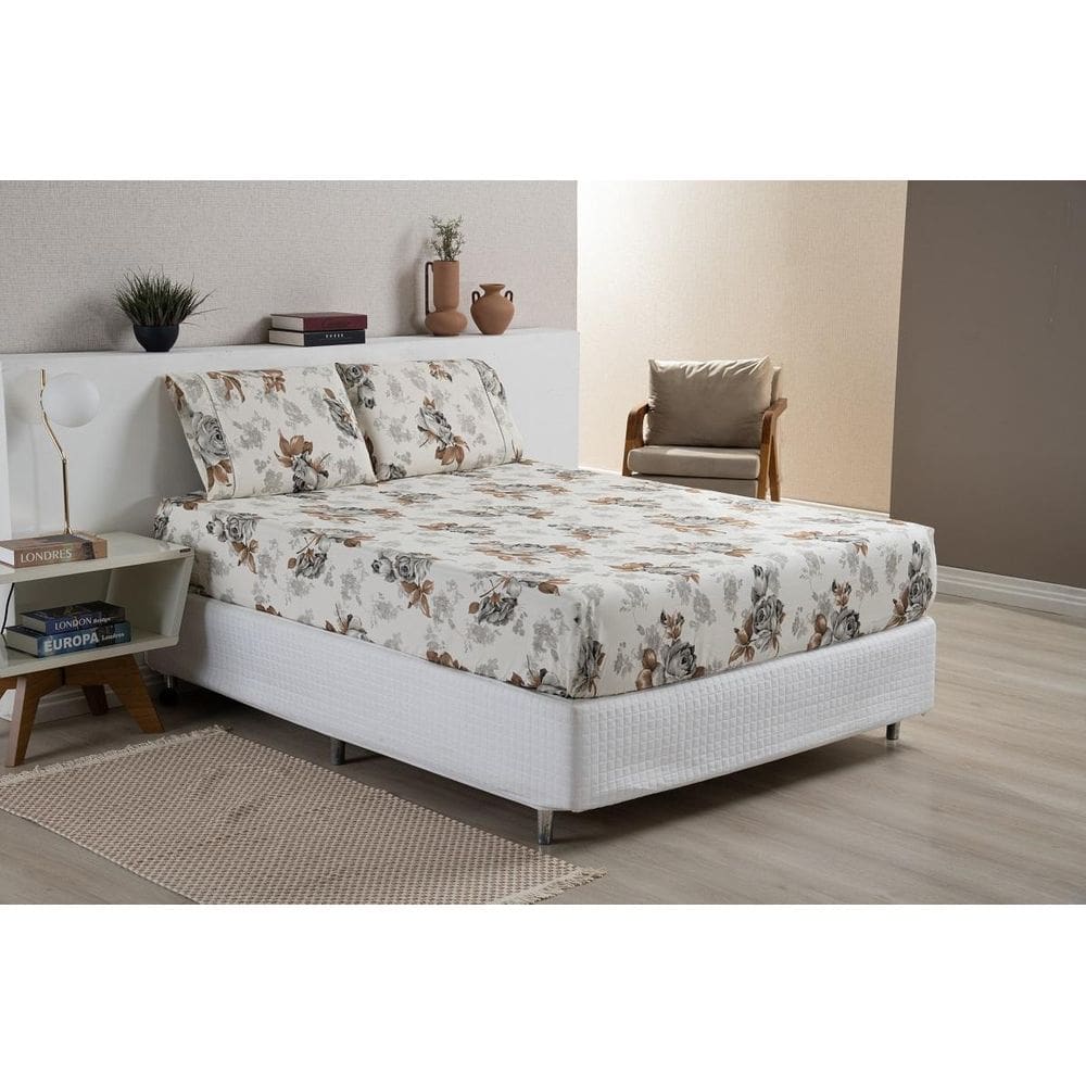 Jogo De Lençol Estampado Para Cama Box Casal Flores Cinza