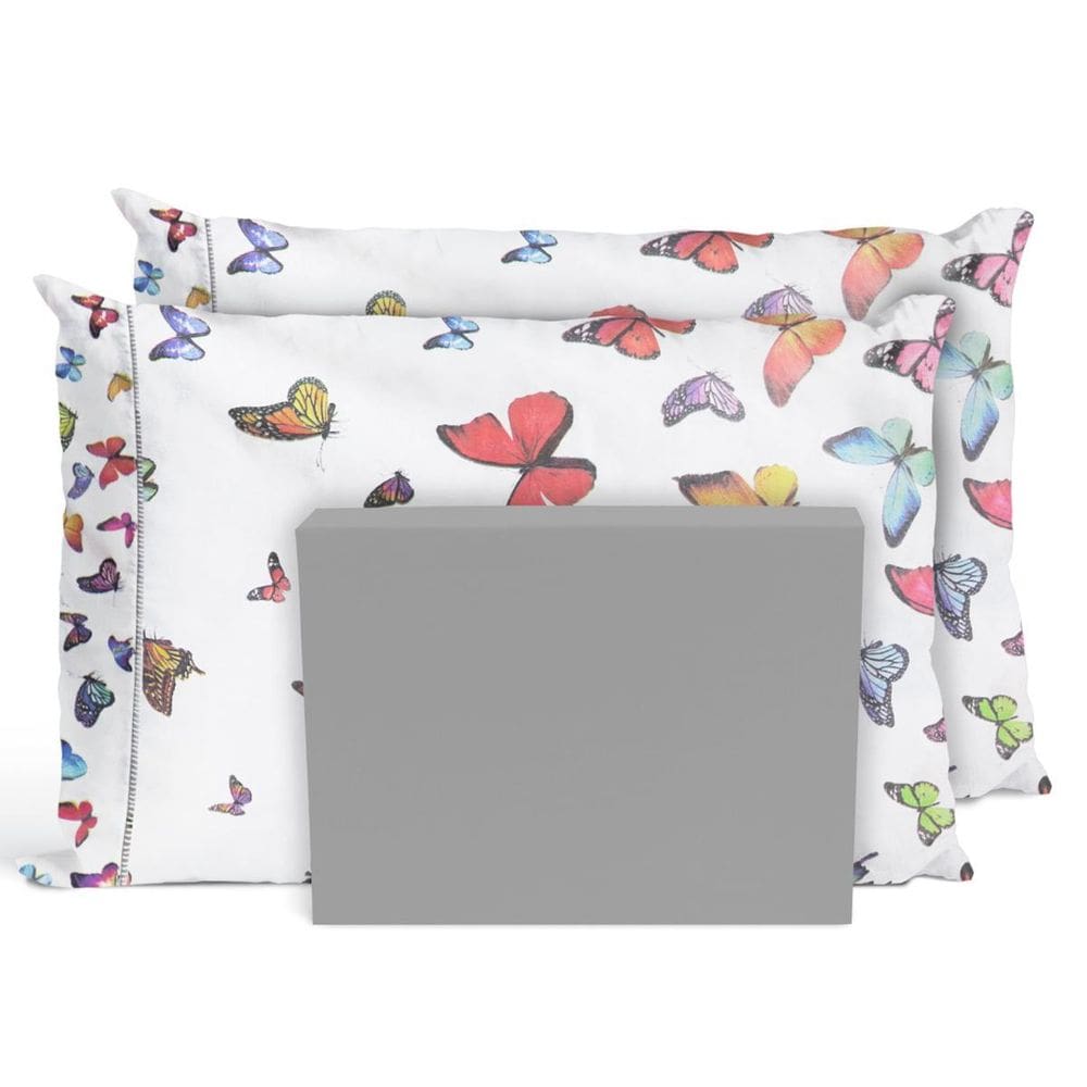 Jogo De Lençol Casal Padrão 3 Pçs 200 Fios Borboletas Cinza