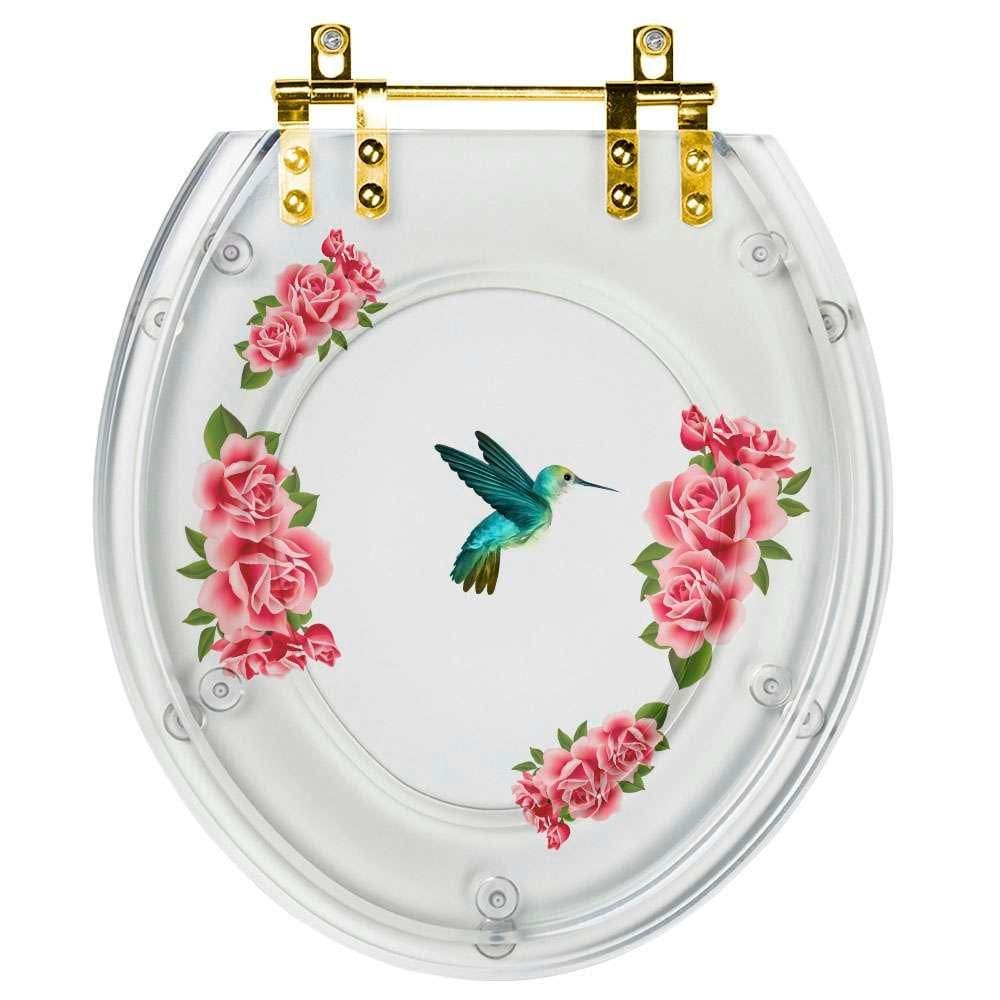 Assento Sanitário Poliester Decorada Convencional Transparente Beija Flor Com Ferragem Dourada