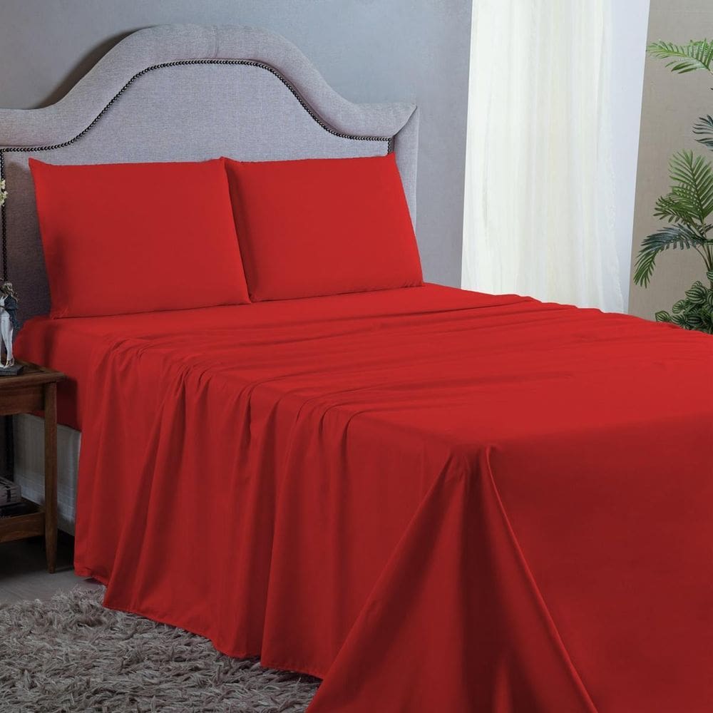 Jogo de Cama King 4 pç Lençol + Fronhas Vermelho 400 Fios