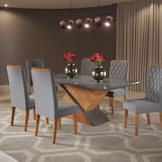 Conjunto Sala de Jantar Mesa Epic Tampo Vidro/mdf com 6 Cadeiras Iza Mel/Grafite/Cinza