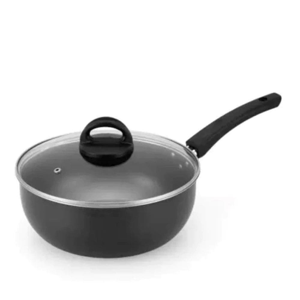 Panela Frigideira Wok Funda Antiaderente / Teflon Preta 24cm Cabo Longo com de Tampa Vidro