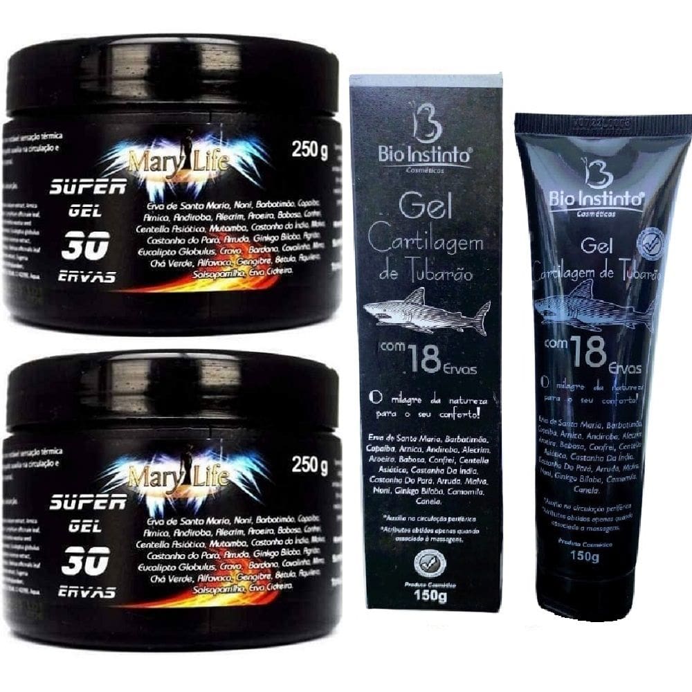 Kit 2 Pomada Massageadora Efeito Gelo Quente 250ml + 1 Pomada Cartilagem de Tubarão 150ml