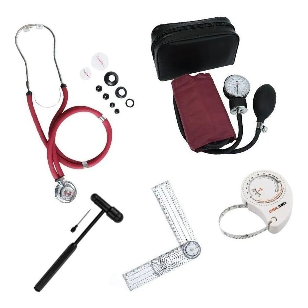 Kit Fisioterapia Com Esfigmo Esteto Martelo Trena Goniometro