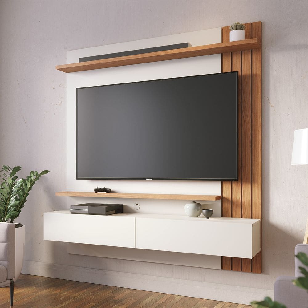 Painel Home Suspenso com Detalhe Ripado para TV até 65` Juriti Off White Matte Freijo Colibri