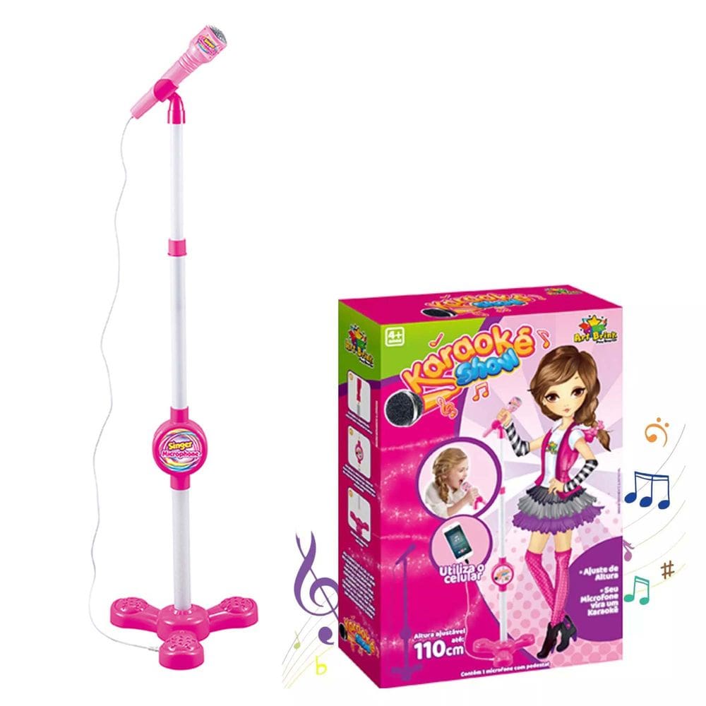 Microfone Karaoke com Pedestal Use no Celular Cantar Criança Musica Menina