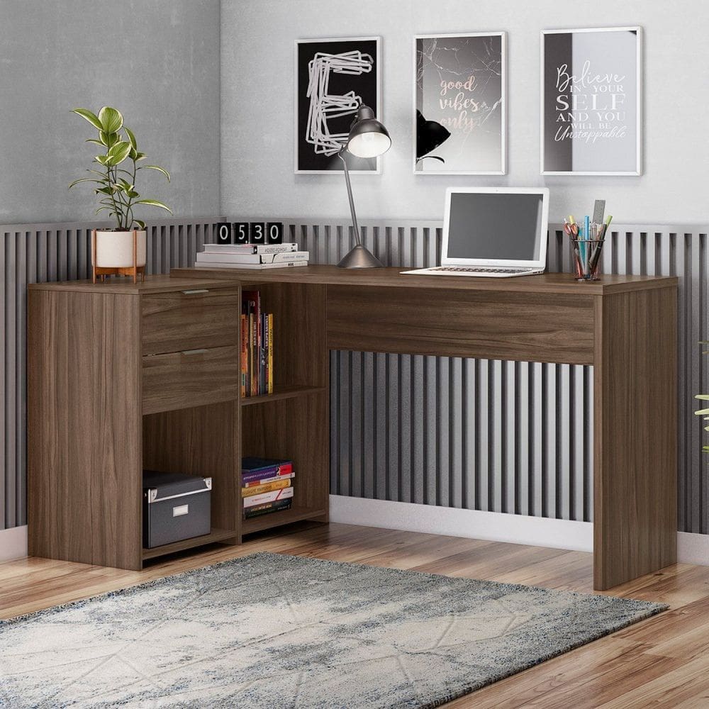 Mesa de Escritório em L 2 Gavetas 3 Nichos Office NT 2060 Nogal Trend