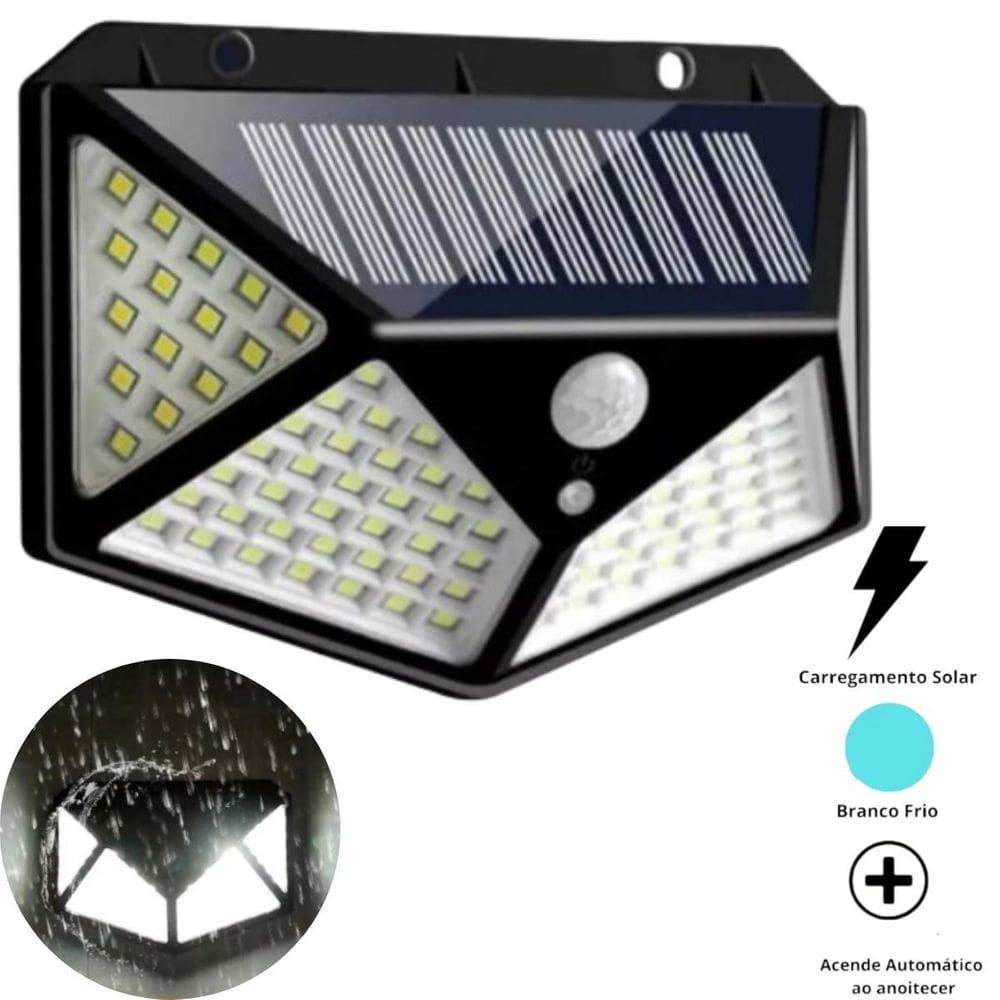Luminária Solar 100 Led Sensor Presença Parede Externa