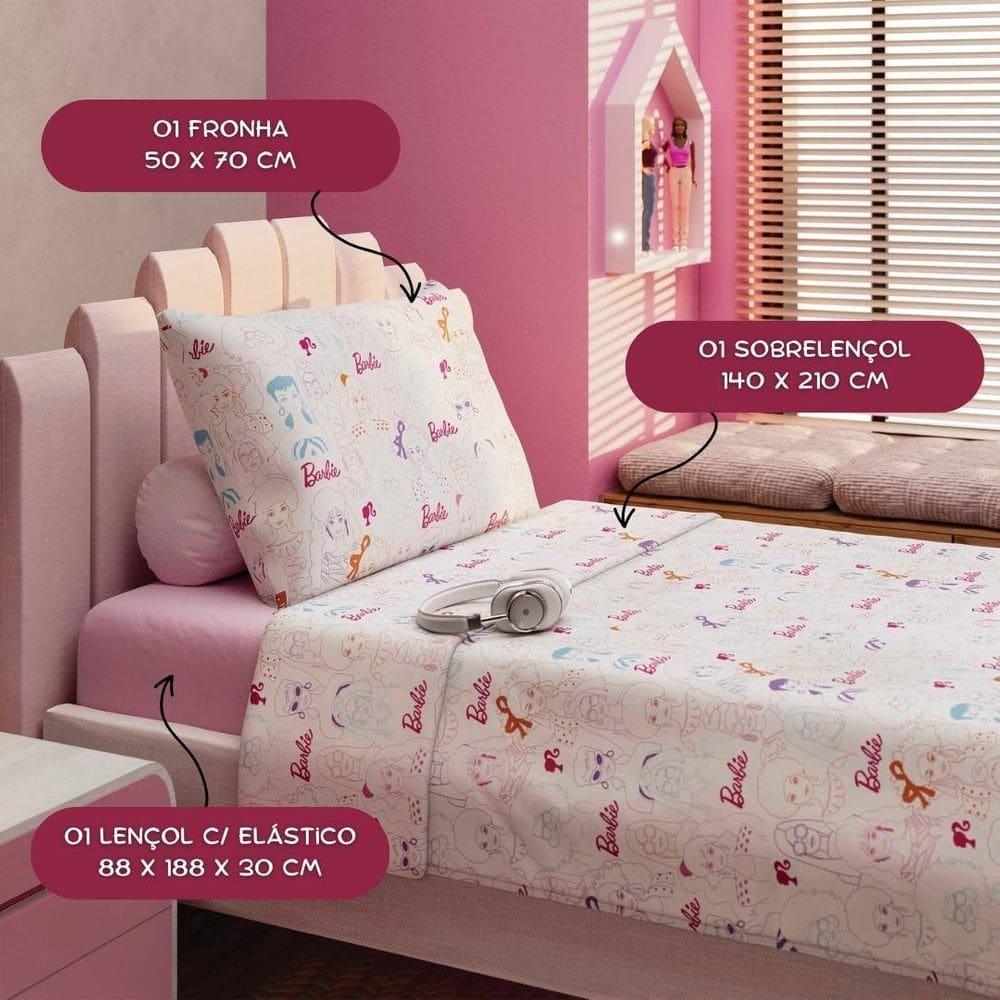 Jogo Lençol Barbie 100% Algodão Solteiro 3Pçs Oficial Lepper