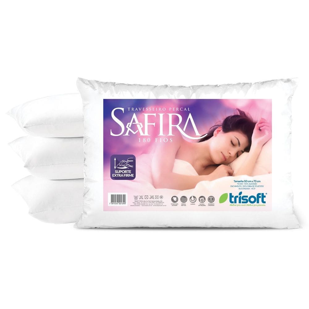 Kit 2 Travesseiro Safira 180 Fios Extra Firme Trisoft 50X70
