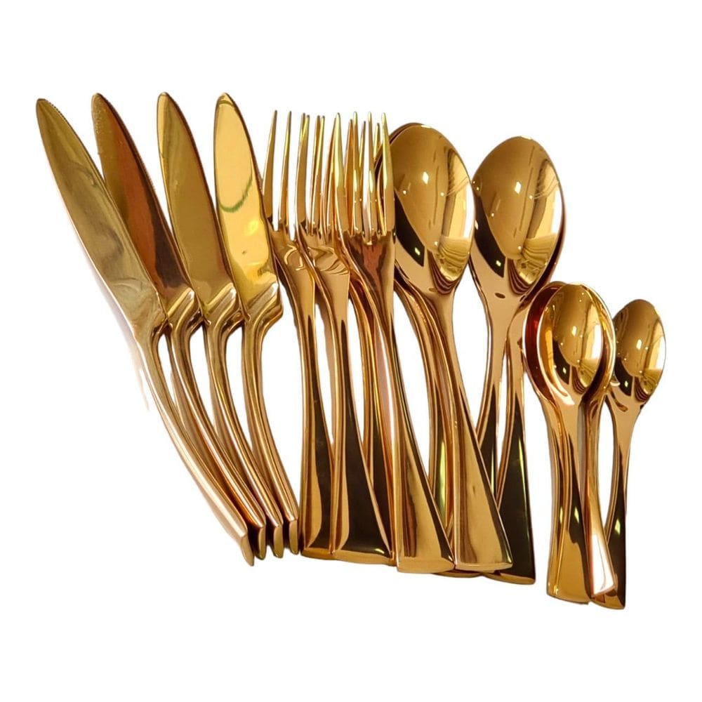 Faqueiro De Luxo Talheres De Inox Longo Dourado Liso 16Pc