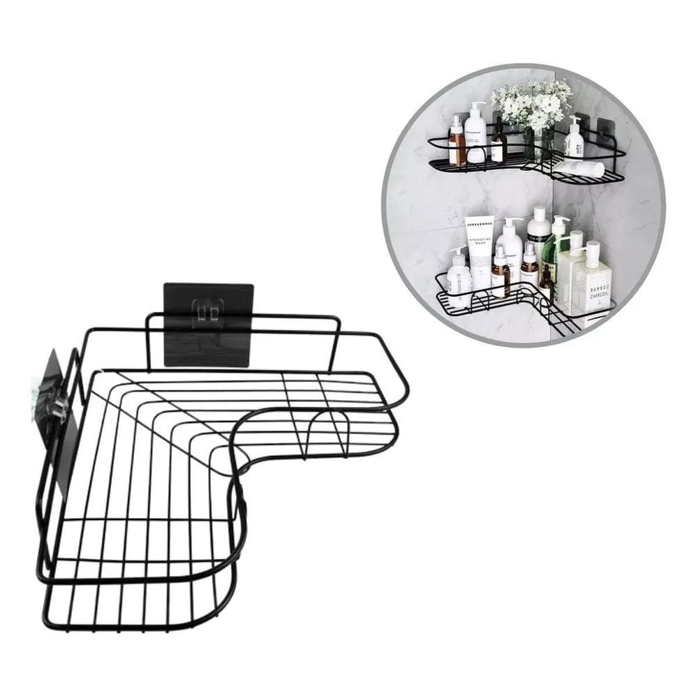 Suporte Para Banheiro Shampoo De Canto Aço Adesivo Preto