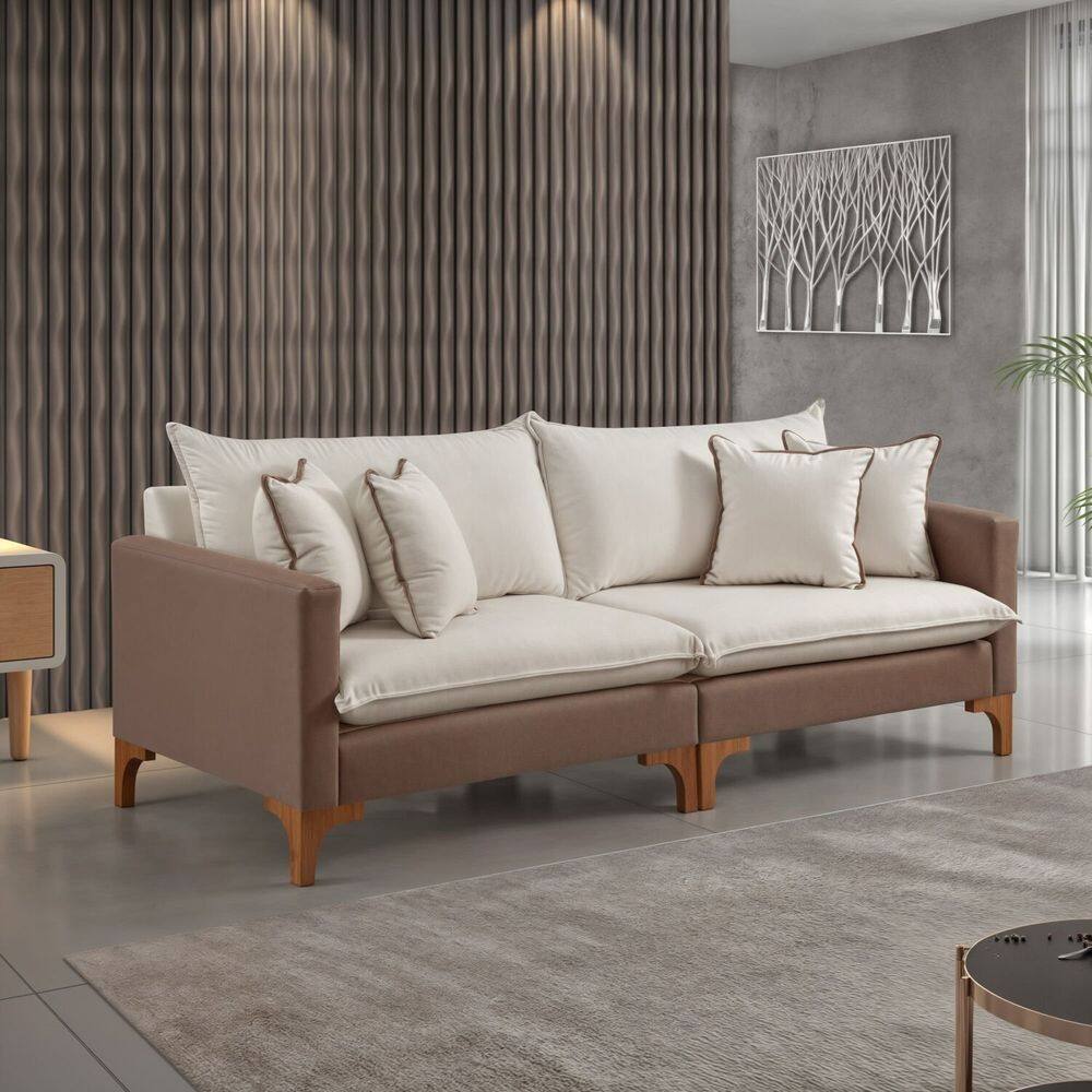 Sofá Living Bipartido com 4 Almofadas Bouclé M195 220cm Bege Claro/ Marrom