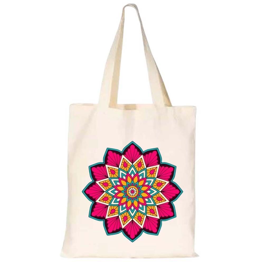 Bolsa Sacola Alça Entrelaçada Confortavel Tecido Algodao Cru Mandala Colorida Rave Moderna