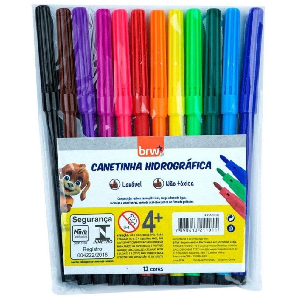 Canetinha Hidrográfica Resistente Blister Com 12 Cores Brw