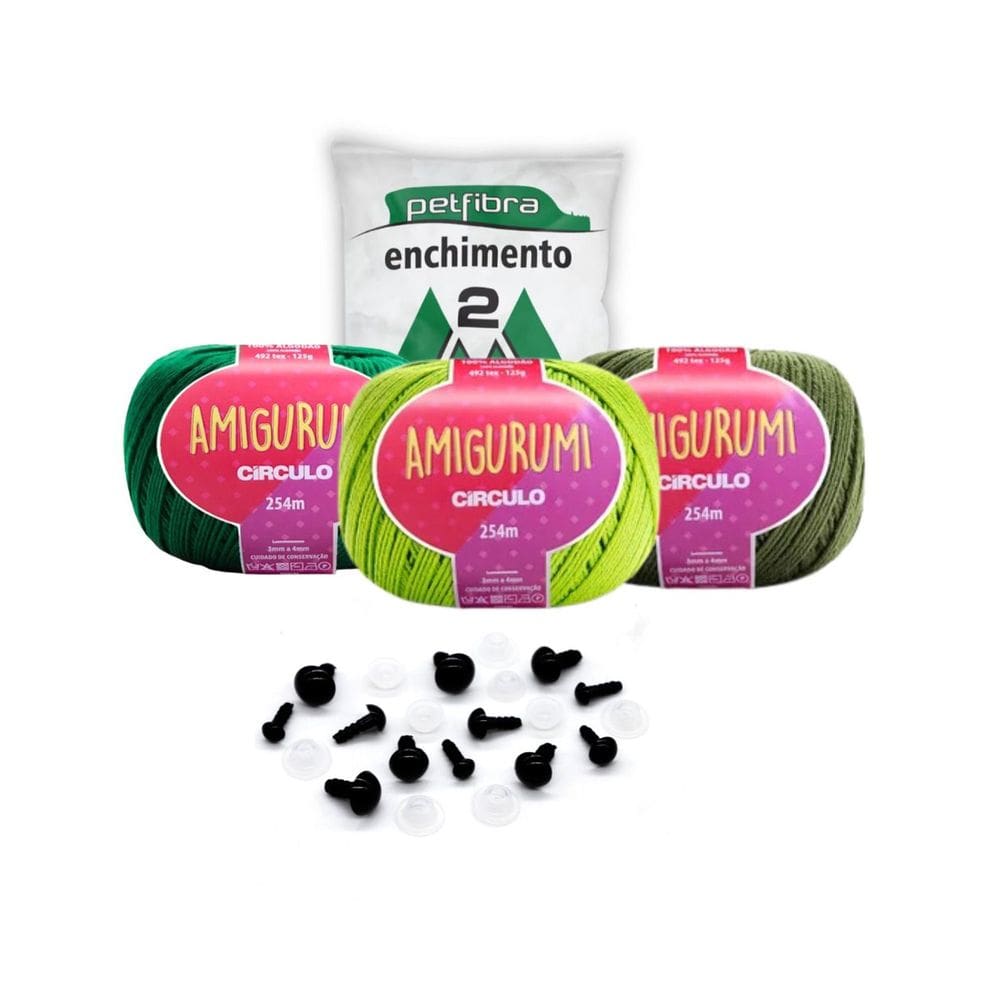 Kit 3 Linhas Amigurumi Círculo Tons de Verde com Enchimento + 5 pares de Olhos Preto