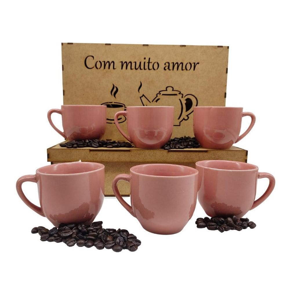 Jogo 6 Xicaras 170Ml Porcelana Para Café Chá Caixa Mdf Rosa