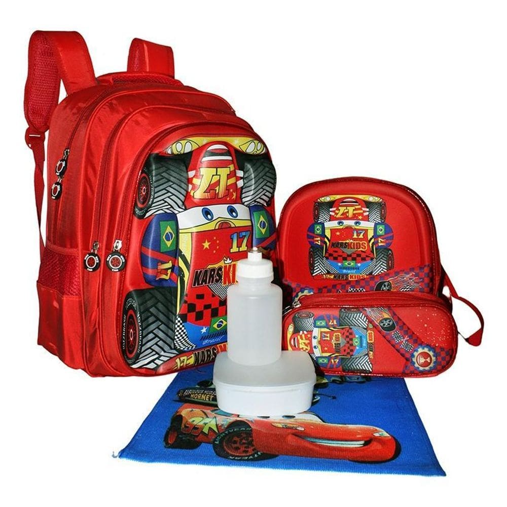 Kit Mochila Carros 3D Meninos Infantil Lancheira Costas Esto