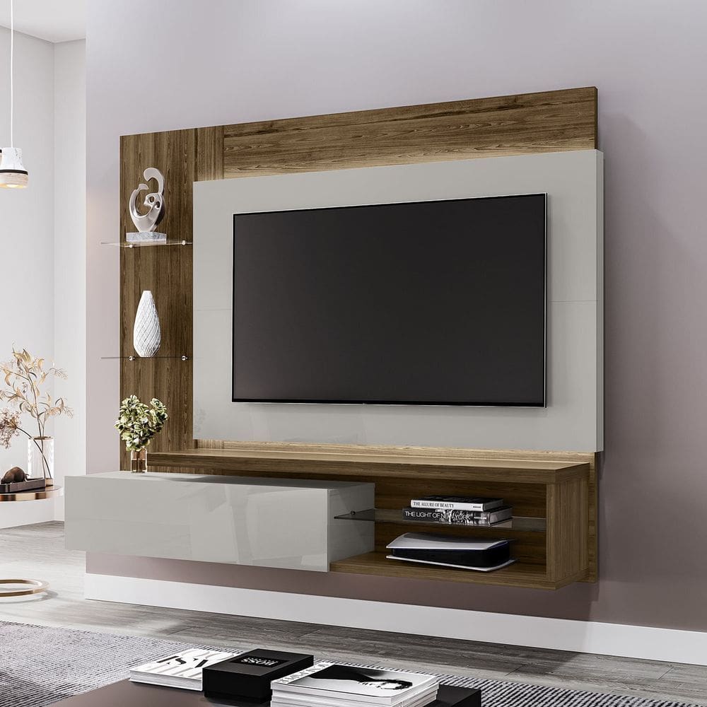 Painel para Tv até 65 Polegadas Prateleiras de Vidro e Fita Led Copacabana Bechara Pintura Ripada 3d Ipê/Off White
