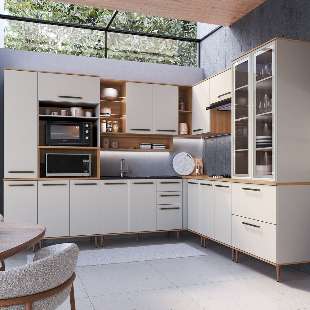 Cozinha Modulada Completa, 10 Peças com Torre Quente Para 2 fornos Freijo/Arenas