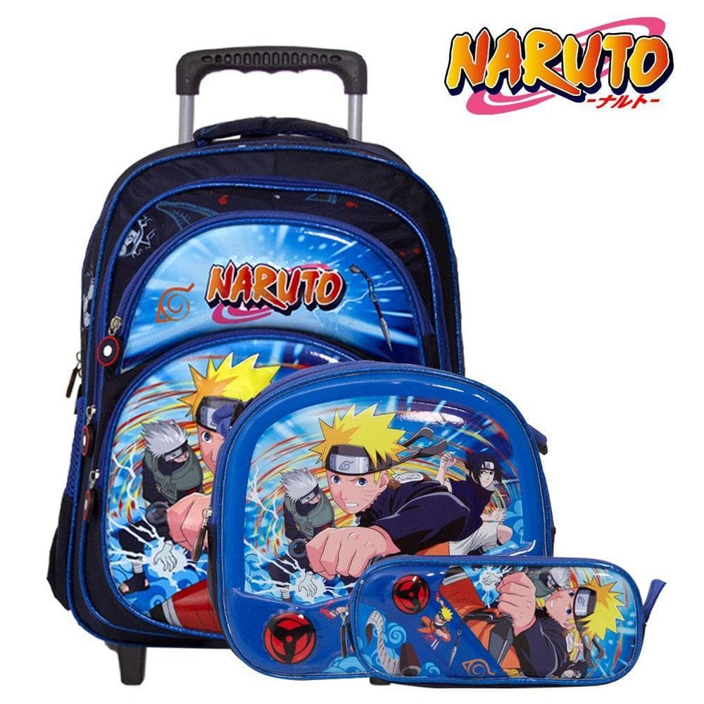 Mochila Infantil De Rodinhas Naruto Grande Lancheira Estojo