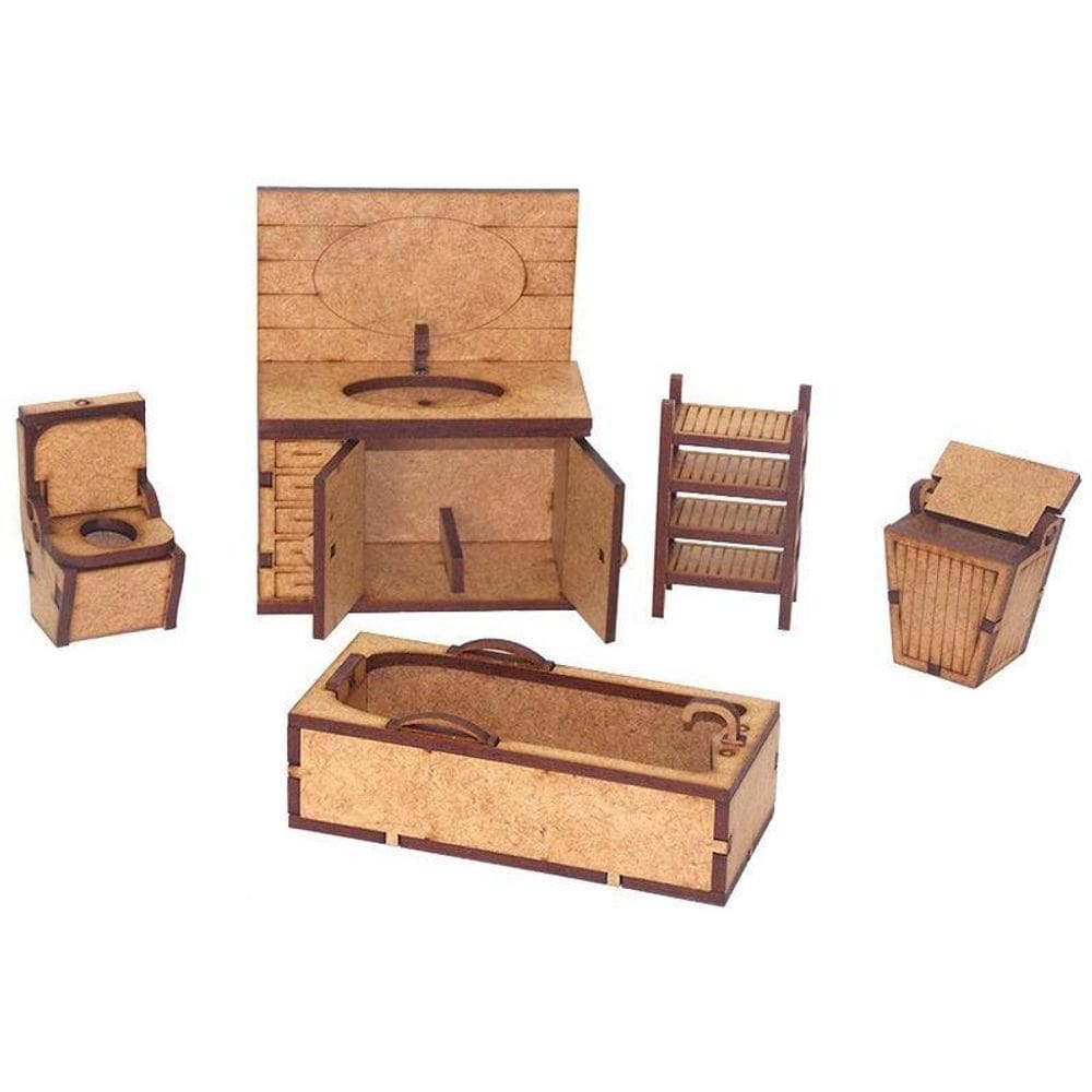 Kit Miniatura Banheiro 5 Peças Pia Vaso Banheira Cesto Mdf