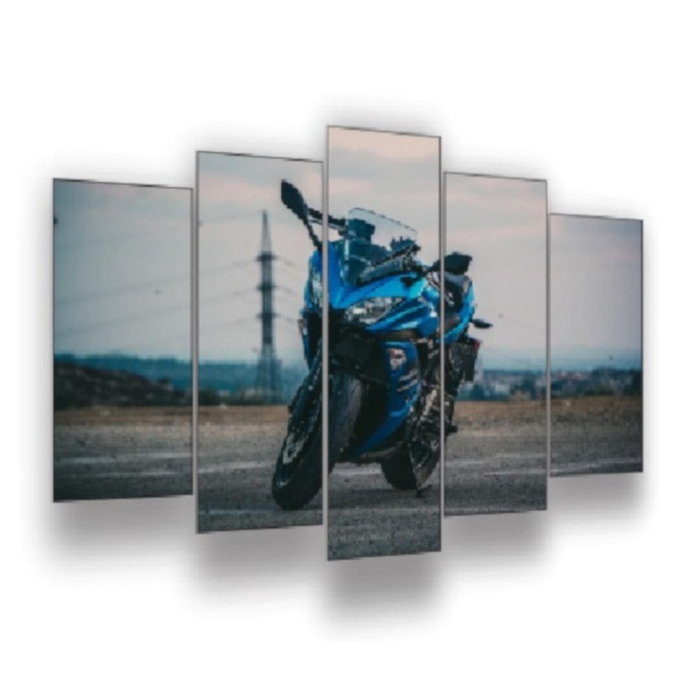 Quadro Decorativo Mosaico 5 Peças Mod096 Moto Azul Paisagem
