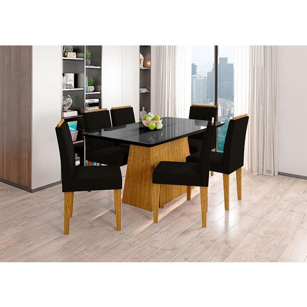 Mesa de Jantar 160cm Ambiente Bárbara com Vidro e 6 Cadeiras Ana Ype Veludo Preto - New Ceval