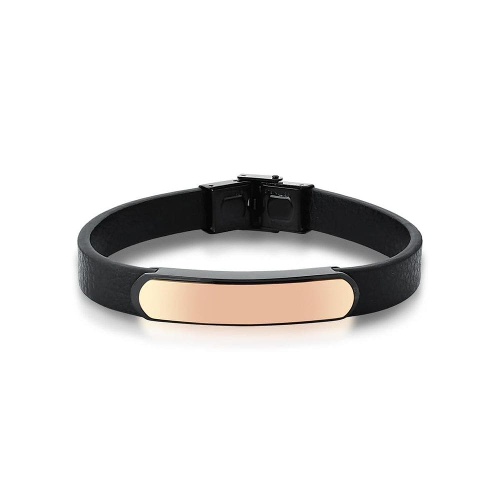 Pulseira Masculina Em Courino Preto Placa Lisa Em Aço Rose