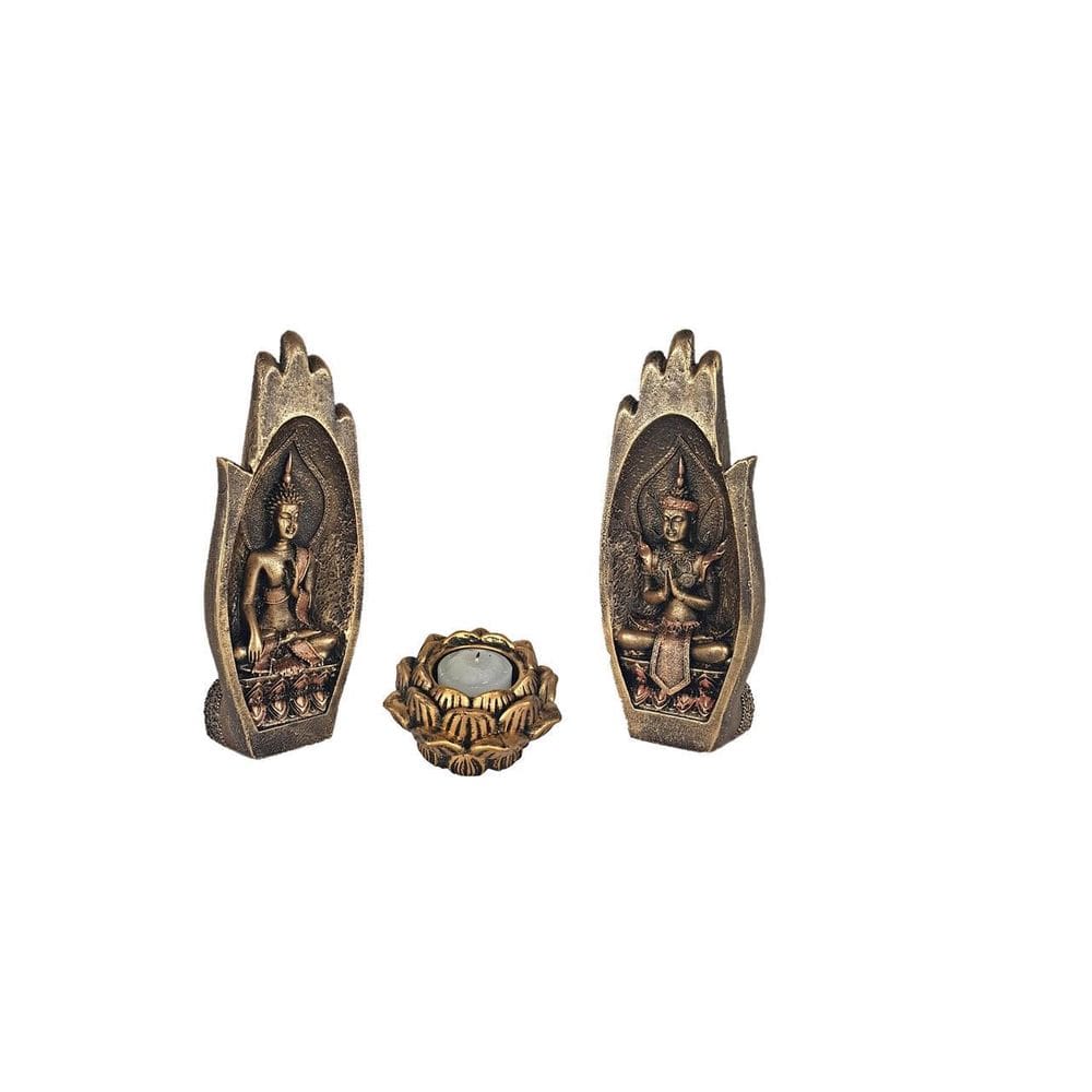 Estatueta Mão Buda Hindu De Resina Dourada + Incensario Flor