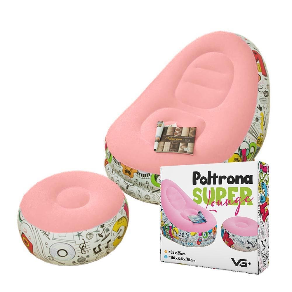 Poltrona Inflável Super Lounge Grafite com Puff Aveludado Vg Plus Rosa