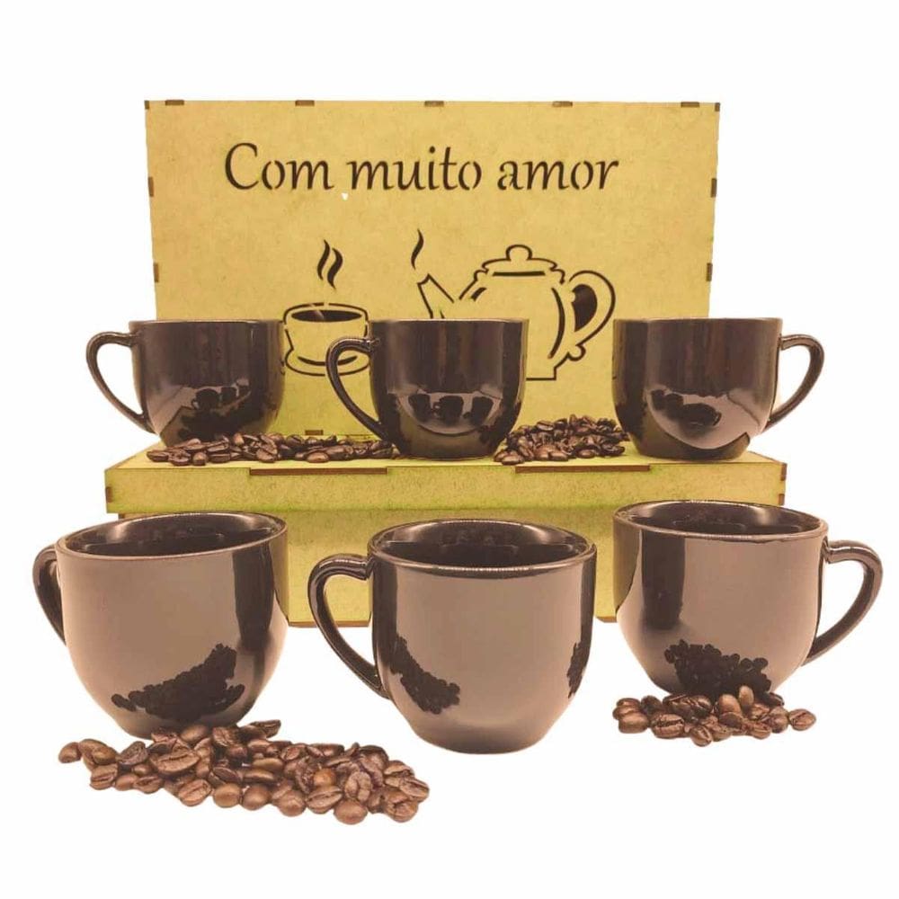 Jogo 6 Xicaras 170Ml Porcelana Café Chá Caixa Mdf Marrom