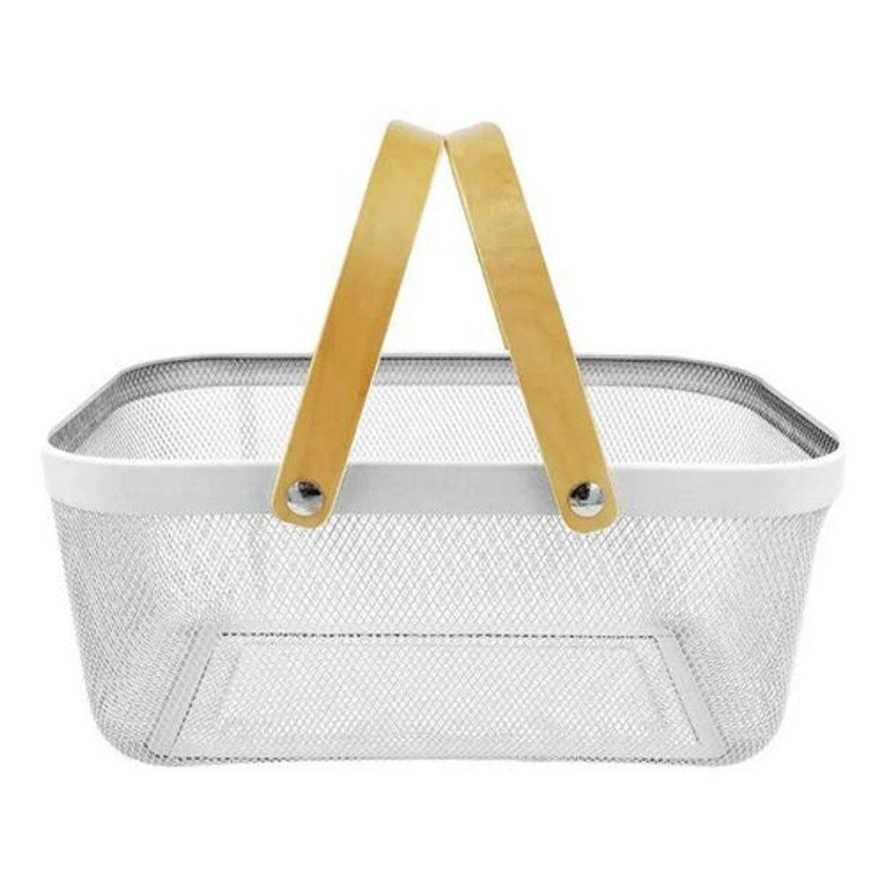 Cesto Aramado Com Alça De Madeira Organizador - Branco