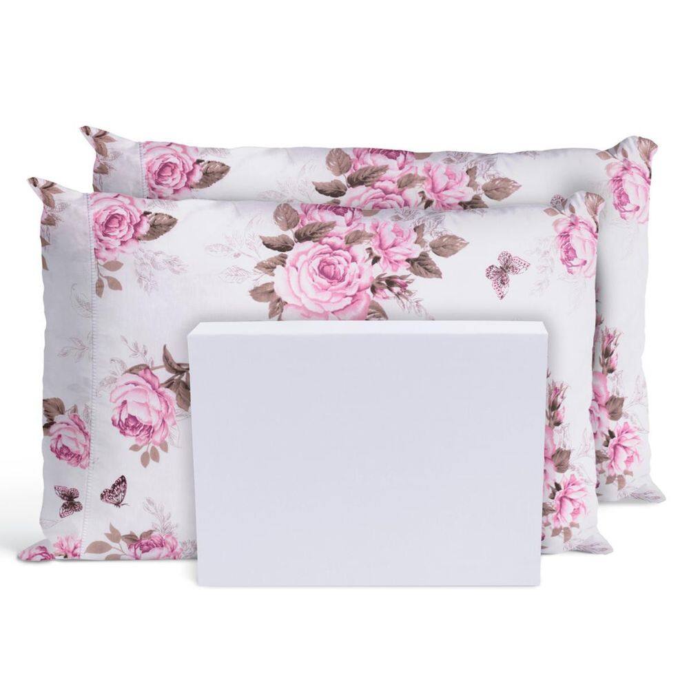 Jogo De Lençol Cama Padrão 3 Peças Percal Rosas Branco