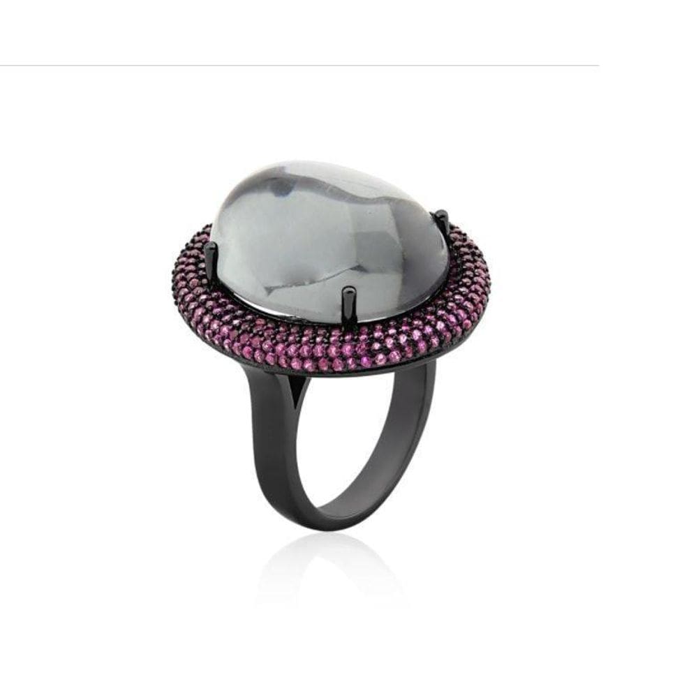 Anel Cabochão Ródio Negro E Zircônia Rosa 13