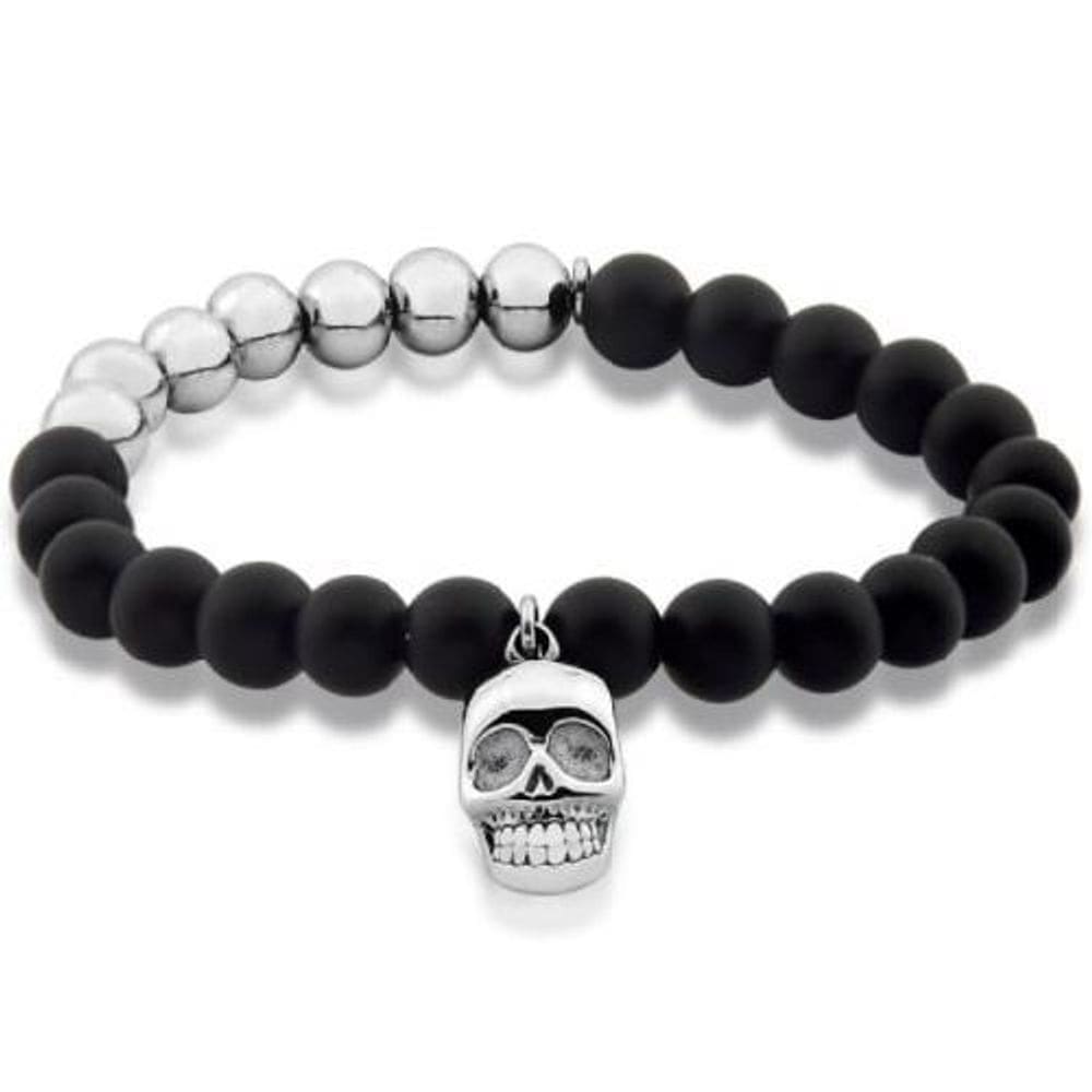 Pulseira Masculina Pedras Vulcânicas Caveira Em Aço