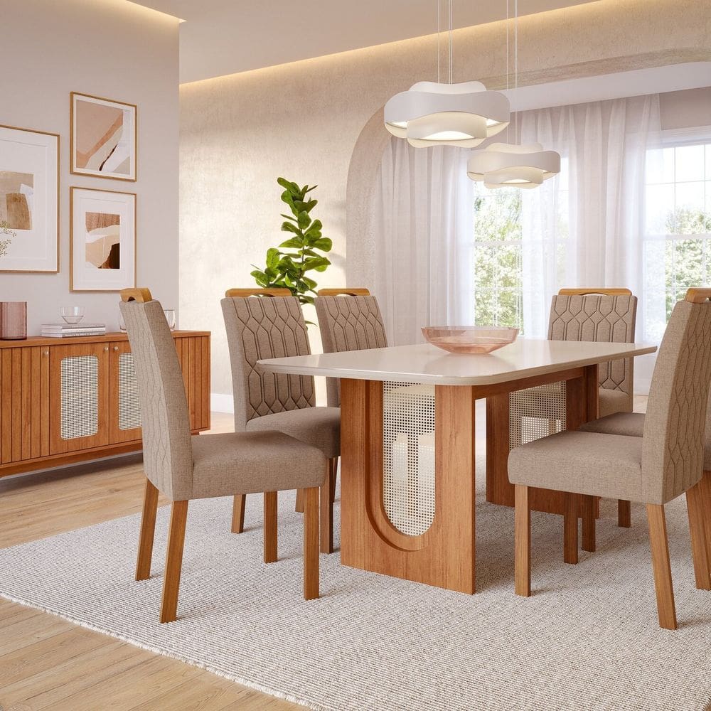 Sala de Jantar Valentina 180cm com 6 Cadeiras Paola Wood Cinamomo/Bege