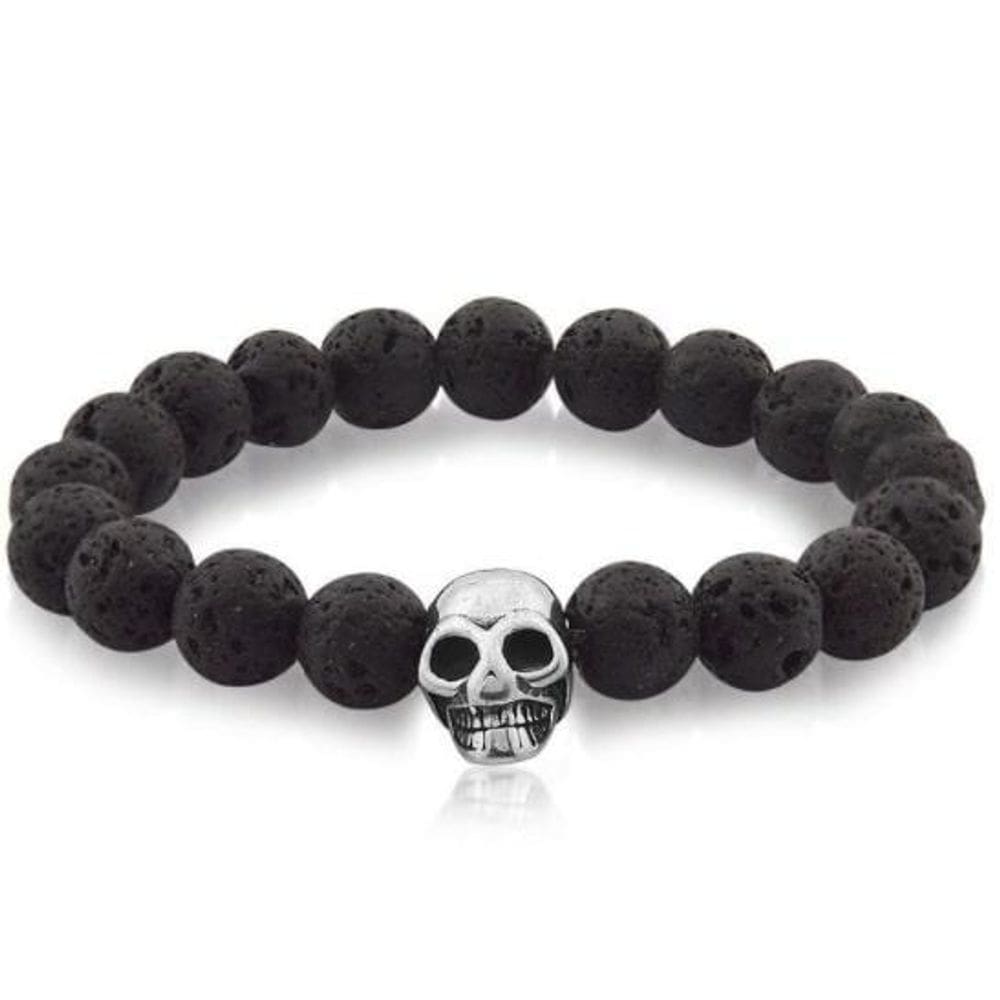 Pulseira Masculina Pedras Vulcânicas E Pingente Caveira Em