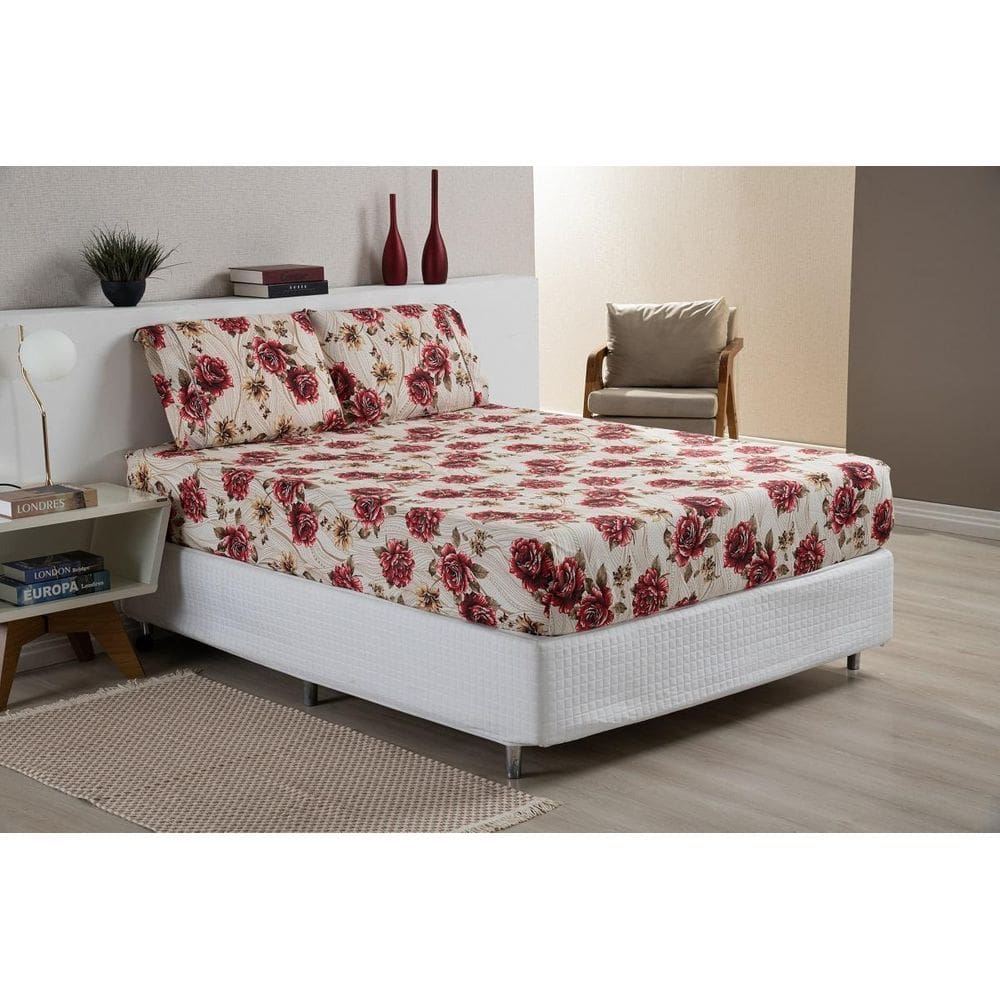 Jogo De Lençol Estampado Para Cama Box King Rosas Vermelhas